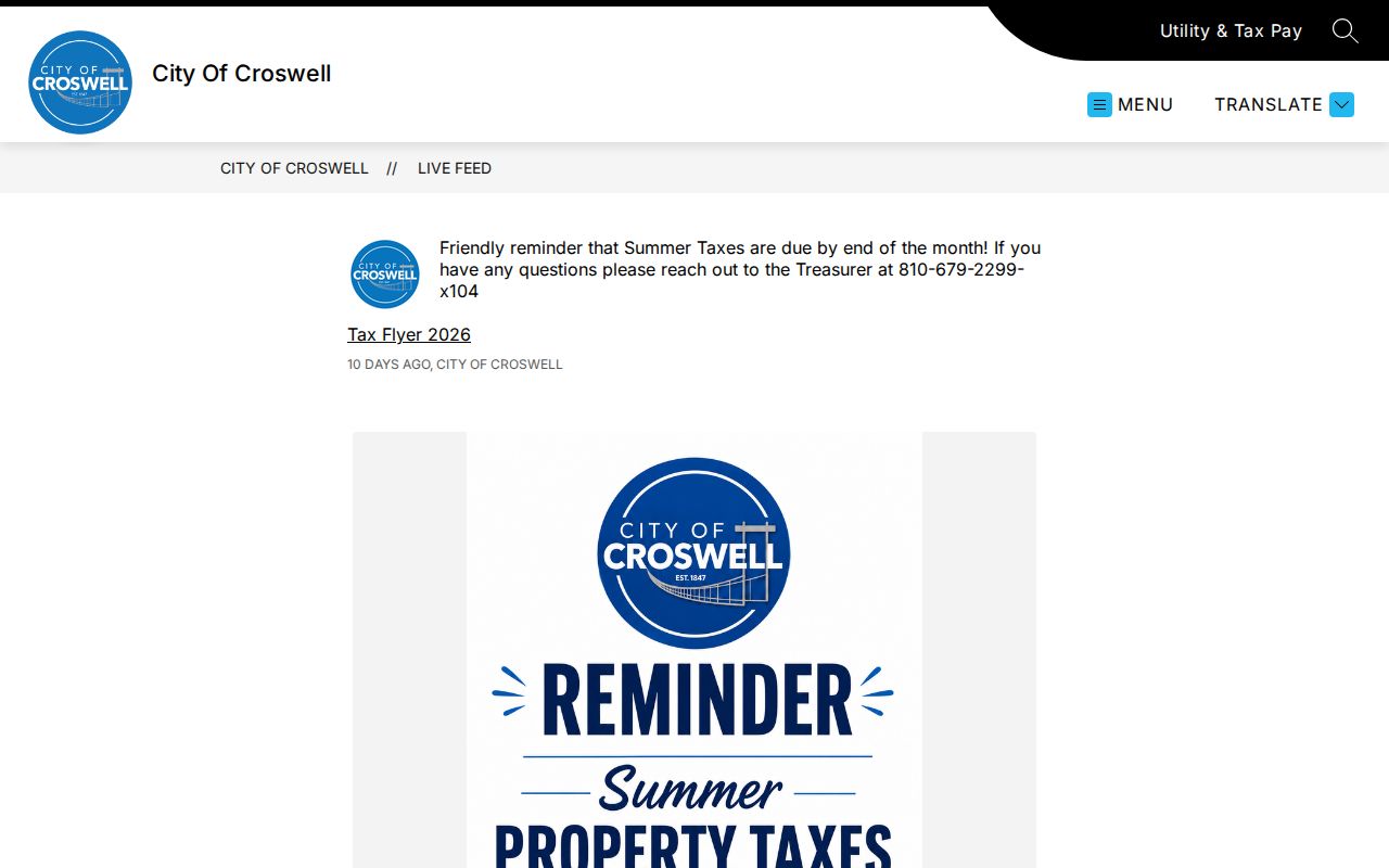 Croswell civic Live Feed showing city notices rather than an arrest-record feed