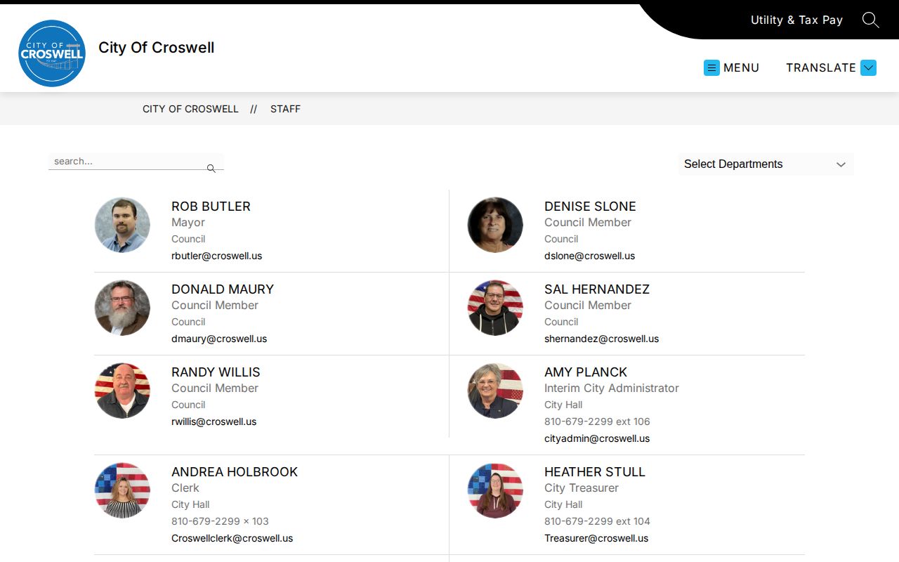 Croswell Police staff page for city arrest-record contact information